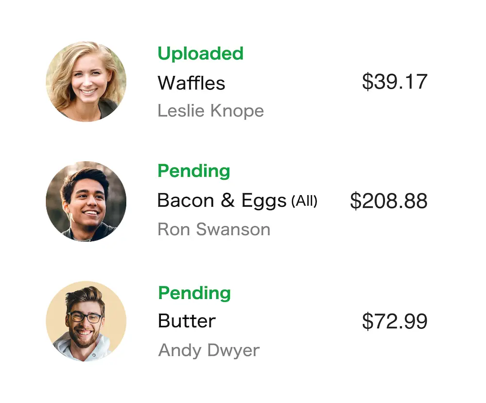 Leslie Knope, Ron Swanson and Andy Dwyer are uploading their receipts, which include waffles, bacon, eggs, and butter as line items. The receipts are pending to be uploaded to their accounting software.