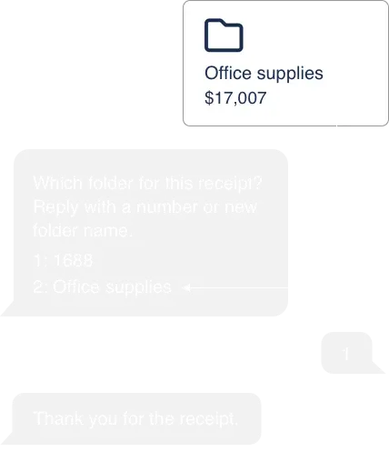 Receipt-AI Ask: Which folder for this receipt? Reply with a number or new folder name. 1: 1688 2: Office supplies. Your answer: 1. Receipt-AI then replies: Thank you for the receipt.