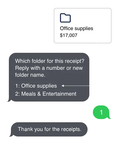 Receipt-AI Ask: Which folder for this receipt? Reply with a number or new folder name. 1: 1688 2: Office supplies. Your answer: 1. Receipt-AI then replies: Thank you for the receipt.