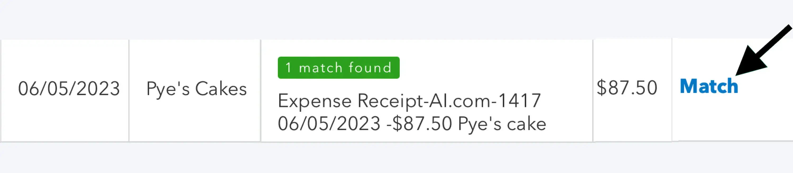 Screenshot of a QuickBooks expense row for Pye’s Cakes, dated 06/05/2023 with an $87.50 total, and a green ‘1 match found’ tag next to a blue ‘Match’ button on the right. This indicates a Receipt-AI created expense ready for one-click reconciliation.