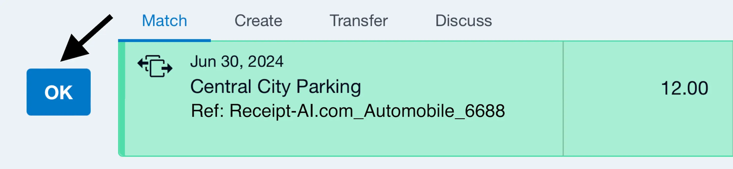 Screenshot of a Xero transaction for Central City Parking (Ref: Receipt-AI.com_Automobile_6688) totaling $12.00, with a highlighted ‘OK’ button. This indicates Receipt-AI created a transaction ready for quick approval.