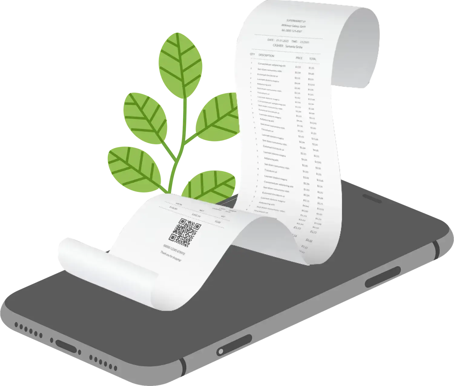 Receipt-AI: The image shows an illustrated smartphone lying flat with a paper receipt rolling out of its screen, suggesting a transition from the paper receipt to the digital receipt. The receipt is long and detailed, with a QR code on the top right side, indicating modern transaction methods. Behind the receipt, a green plant with three leaves is sprouting from the base of the screen, symbolizing growth or eco-friendliness.