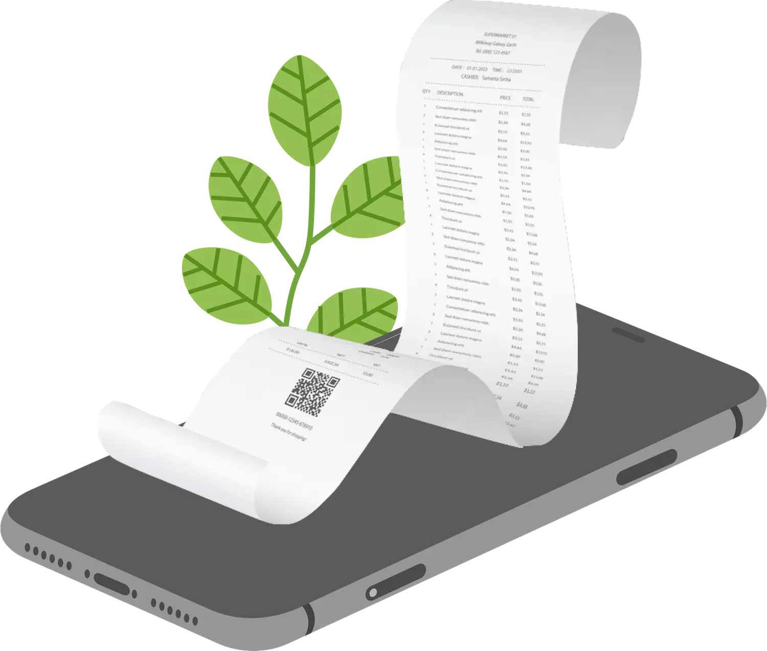 Receipt-AI: The image shows an illustrated smartphone lying flat with a paper receipt rolling out of its screen, suggesting a transition from the physical to the digital. The receipt is long and detailed, with a QR code on the top right side, indicating modern transaction methods. Behind the receipt, a green plant with three leaves is sprouting from the base of the screen, symbolizing growth or eco-friendliness.