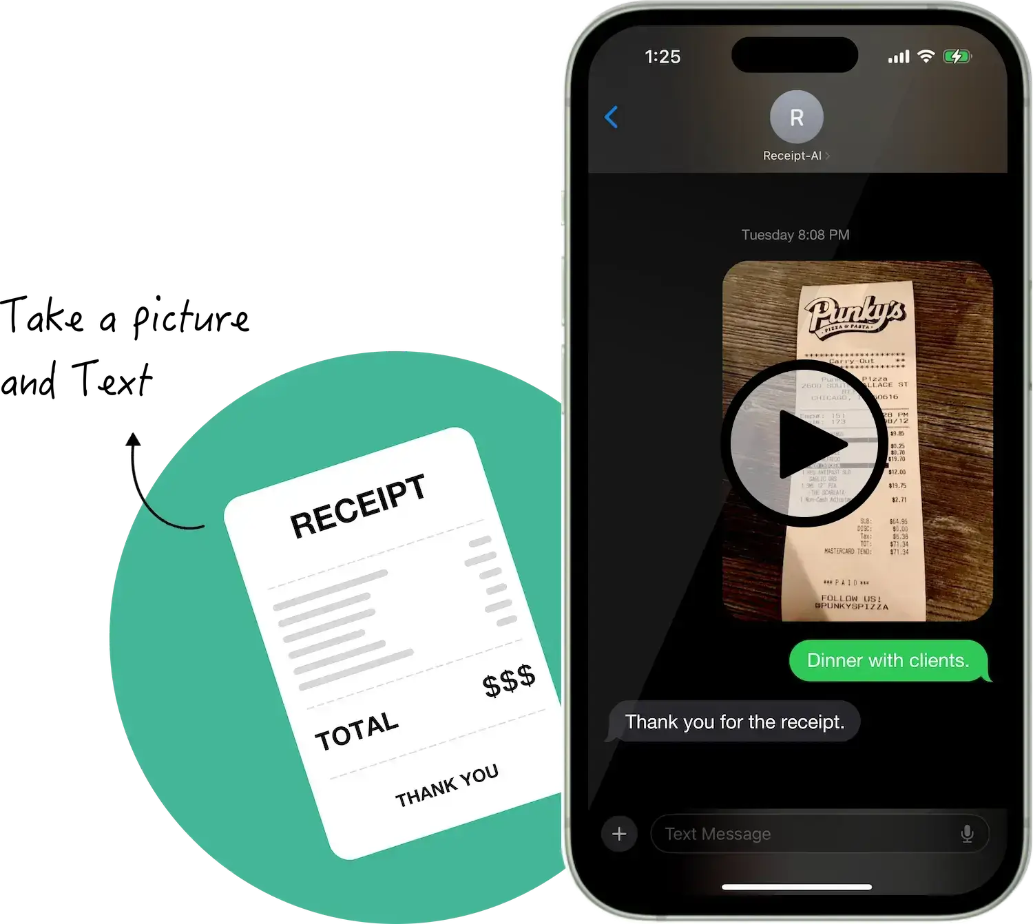 A photo of a receipt displayed on a phone screen is sent to Receipt-AI using SMS, and the AI responds with a message -"Thank you for the receipt."