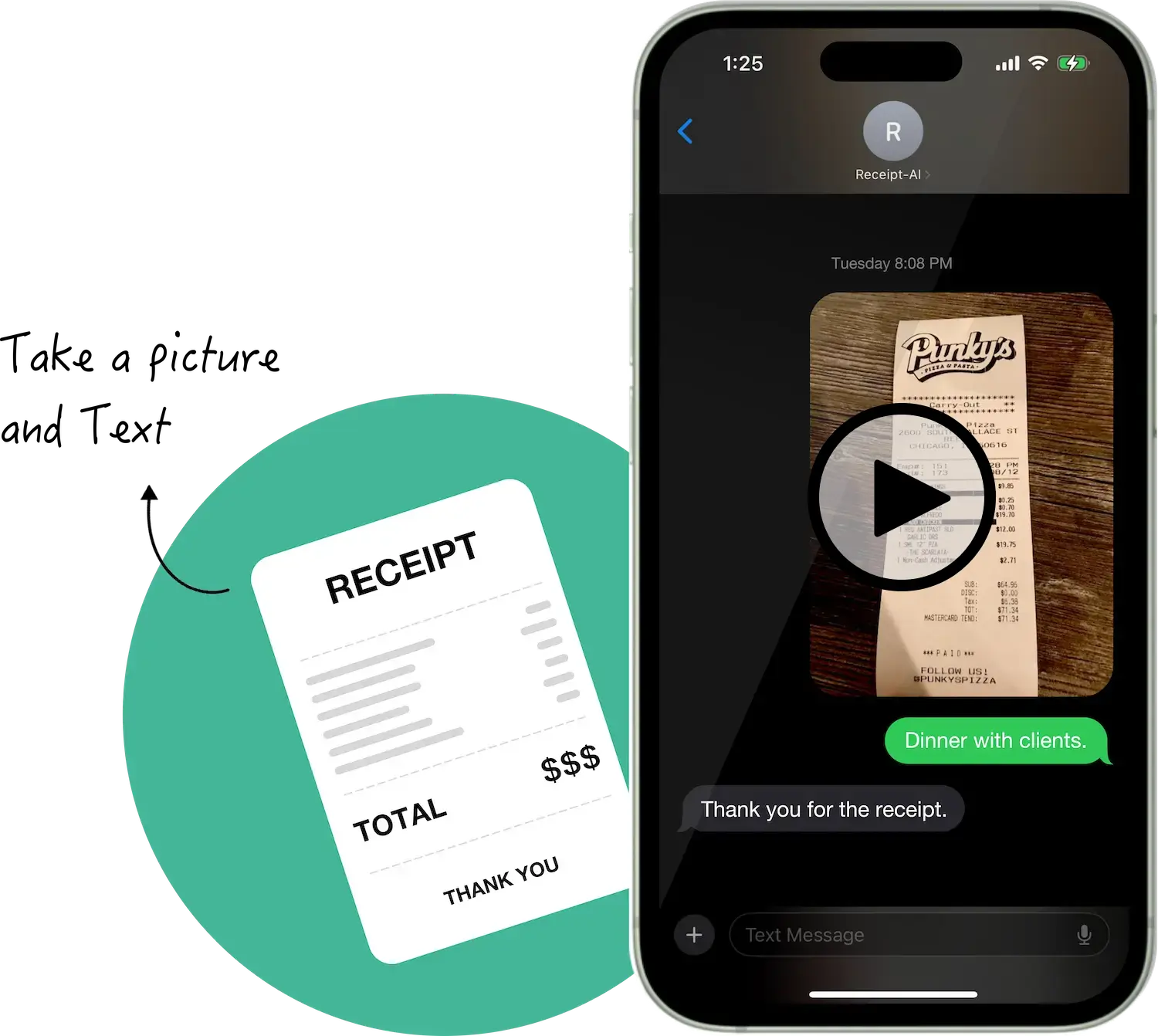 A photo of a receipt displayed on a phone screen is sent to Receipt-AI using SMS, and the AI responds with a message -"Thank you for the receipt."