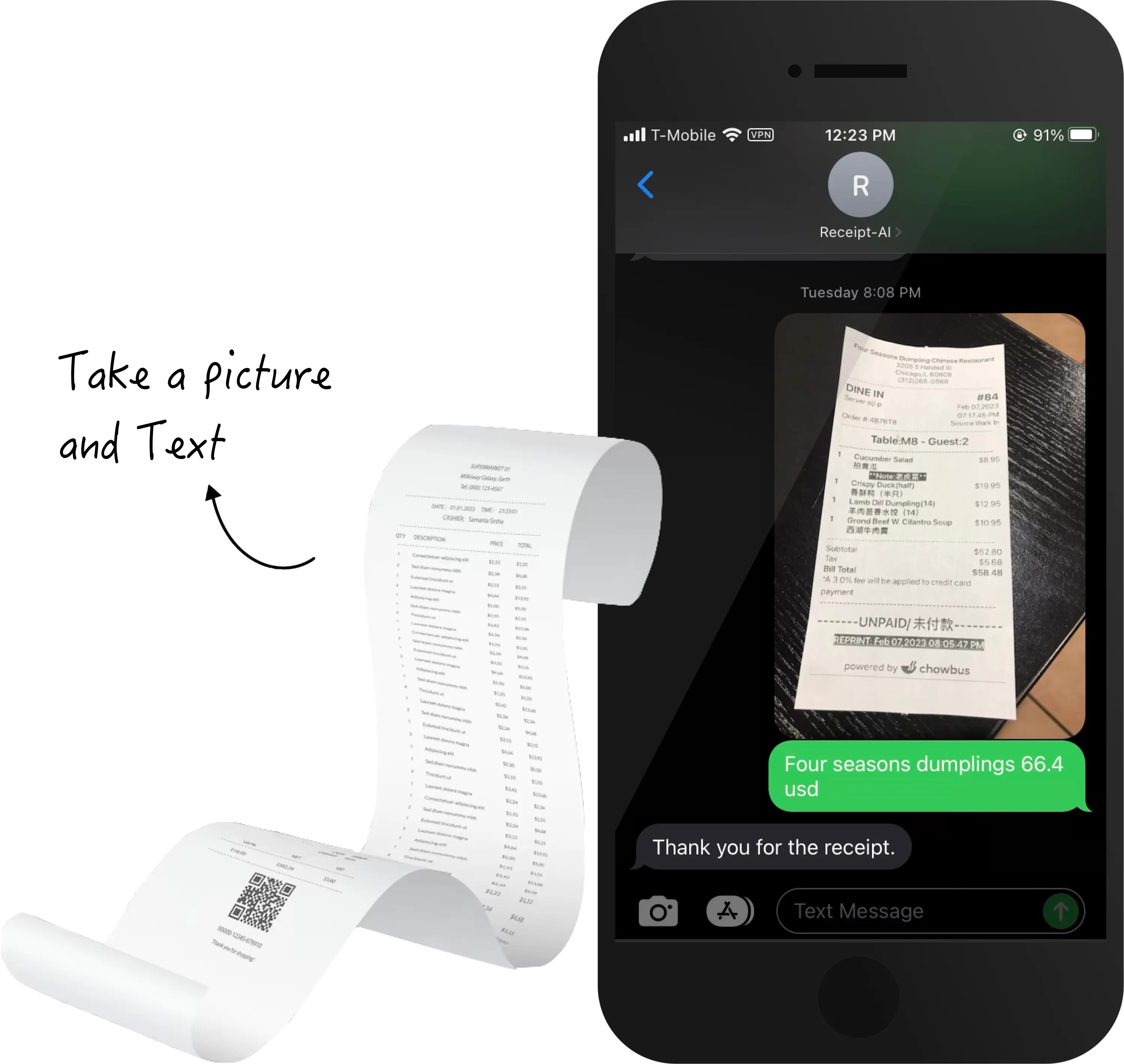 A photo of a receipt displayed on a phone screen is sent to Receipt-AI using SMS, and the AI responds with a message -"Thank you for the receipt."